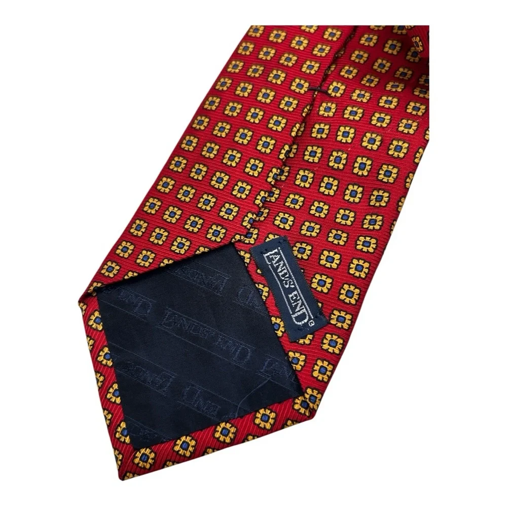 Vtg Lands End Silk Tie Red Geometric Yellow Blue Hand Made 59”